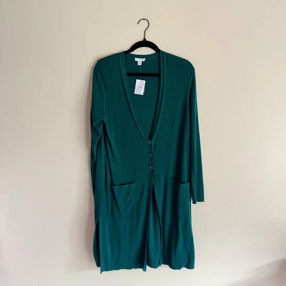 J. Jill Green V Neck Button Front Duster Cardigan Sweater - Medium Petite - NWT